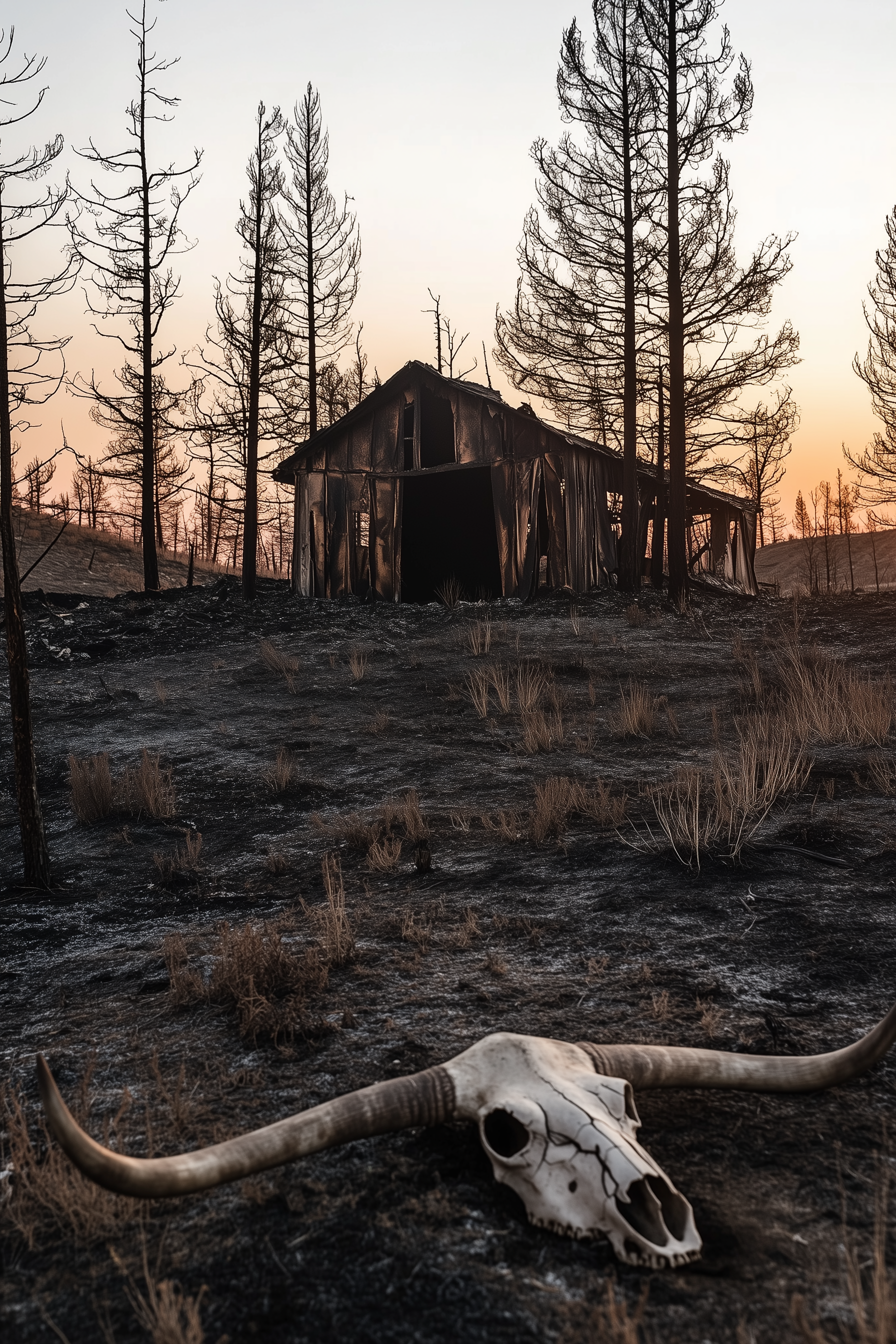 Spooky realistic photography. An old shed is set amid pine trees and scrub brush in rural Wyoming. Hilly country. The sun has only just gone down, there is still a bit of light in the air. Everything - the trees, the shed, the scrub - has burned recently in a fire, though no fire remains. Only ashes and charcoal. It looks as if the camera has been set on the ground, looking up the stairs of the shed. A single longhorn cattle skull lies half-charred in the dust.